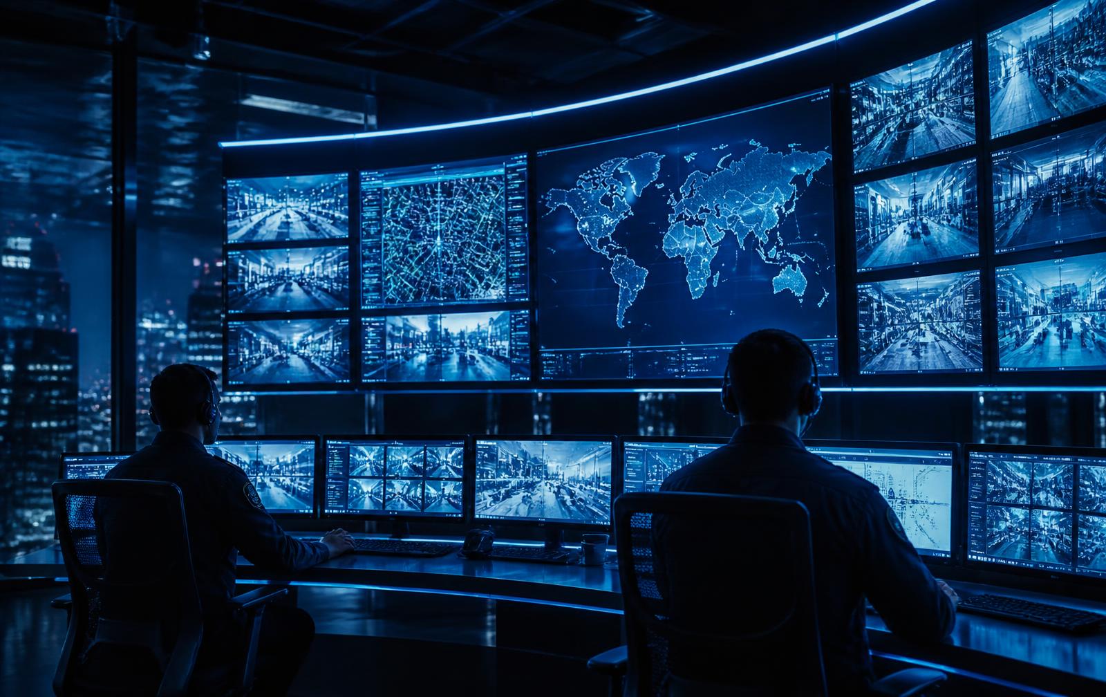 Security dispatch operations center with live map and camera feeds