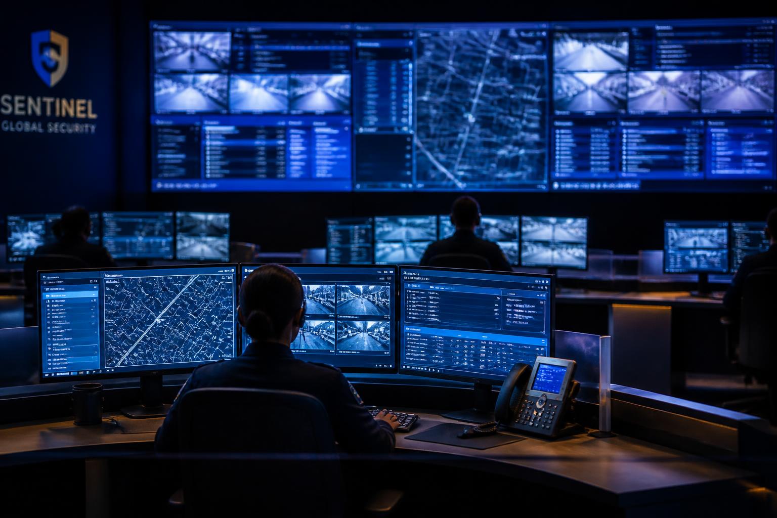 Security dispatch operations center with live map and camera feeds